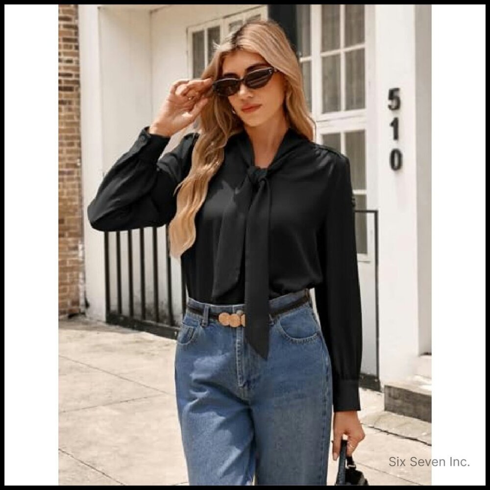 Elegant Bow Tie Blouse Long Sleeve Work Shirt Professional Chic Office Wear - Picture 3 of 8